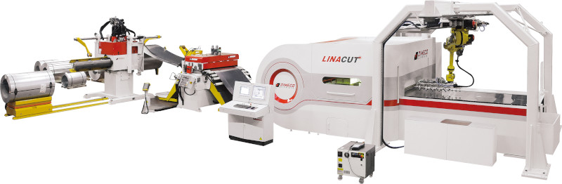 Vue d'ensemble d'une installation LINACUT de découpe laser de tôle en bobine.